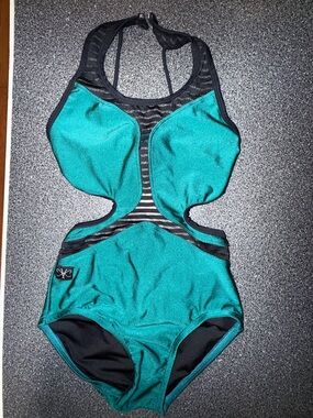 Kandi Kouture Teal and Black Dance Leotard Size Child X-Large